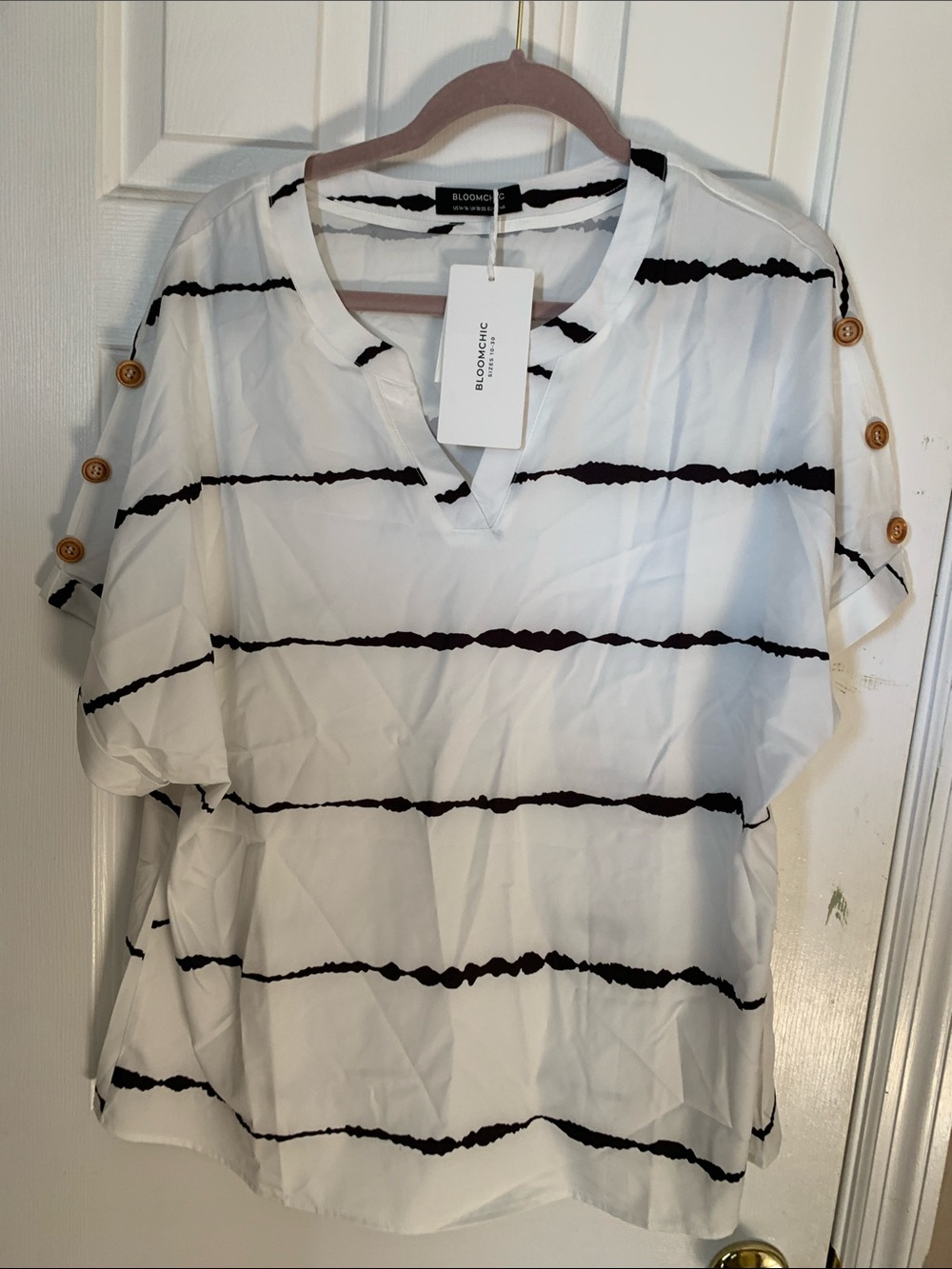 BloomChic White Top with Black Horizontal Stripes and Button-Sleeves